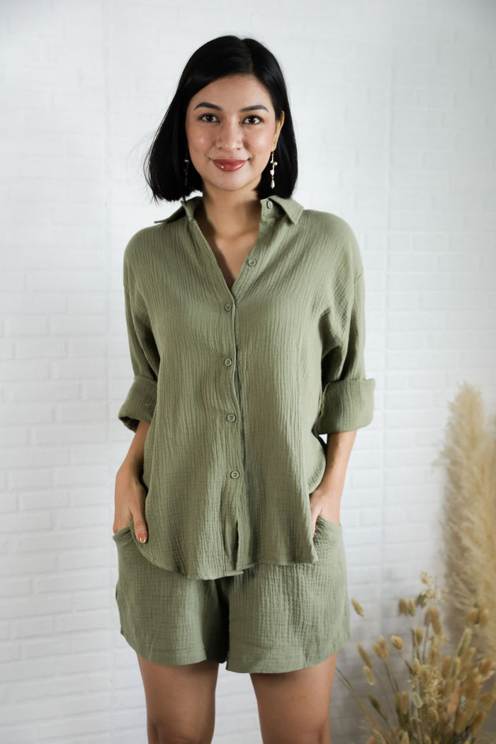 CADENCE Long-Sleeve Button-down Top & Shorts Co-ord (Sage Green)