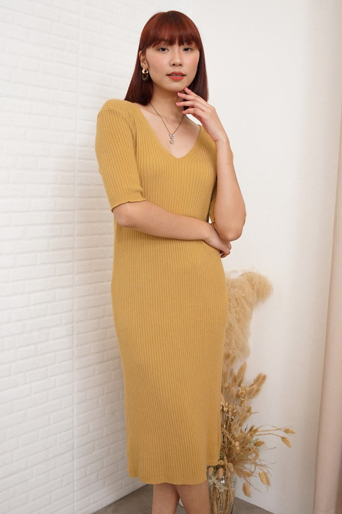 BRYNN Rib-Knit Midi Dress (Mustard Yellow)