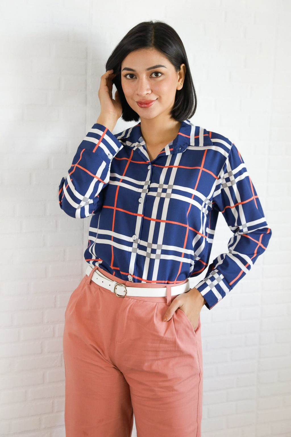 ANIKA Plaid Button-Down Shirt (Blue)