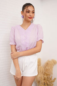 ALIVIA Buttoned Puff-Sleeve Eyelet Top (Lilac)