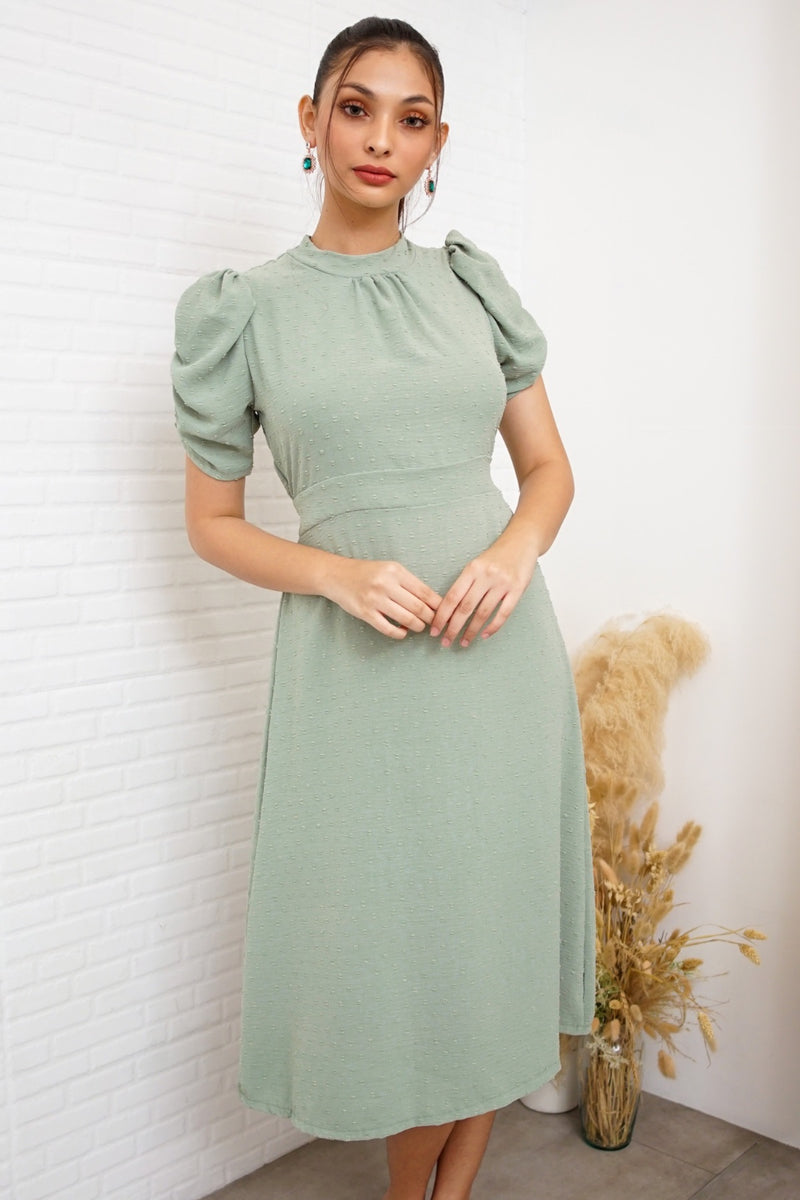 sage green midi dress with sleeves All The Good Ruffled Dress, 1X - The Mint Julep Boutique 15% Linen Lining REIGN Puff-Sleeve Dobby Dot Midi