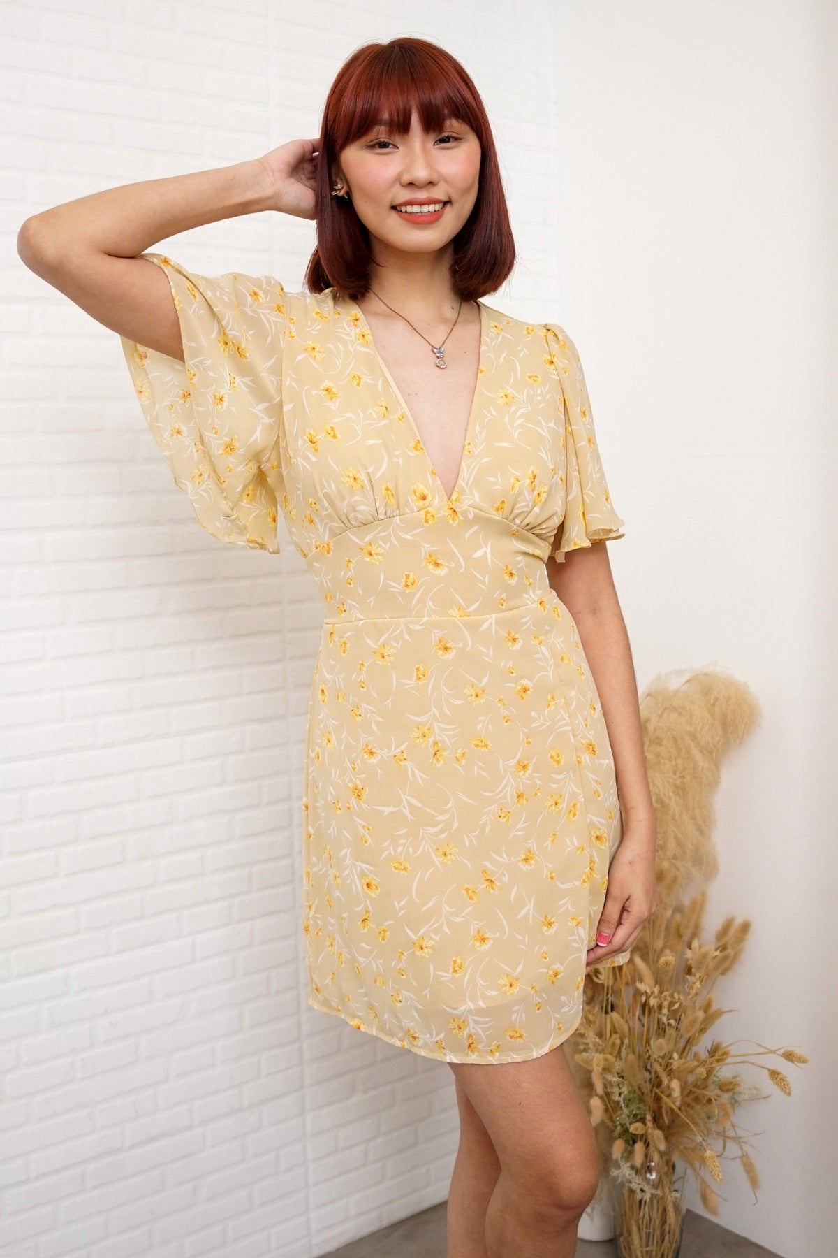 EVERLY Flutter-Sleeve Chiffon Dress (Custard Yellow)