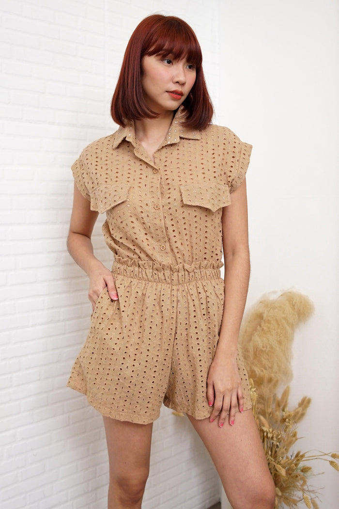 GRACIE Sleeveless Eyelet Top and Shorts Co-ord (Latte Brown)