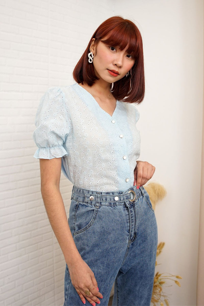 ALIVIA Buttoned Puff-Sleeve Eyelet Top (Powder Blue)