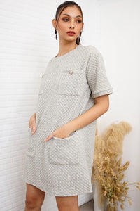 MCKENNA Diamond-Quilt Pocket Dress (Light Gray)