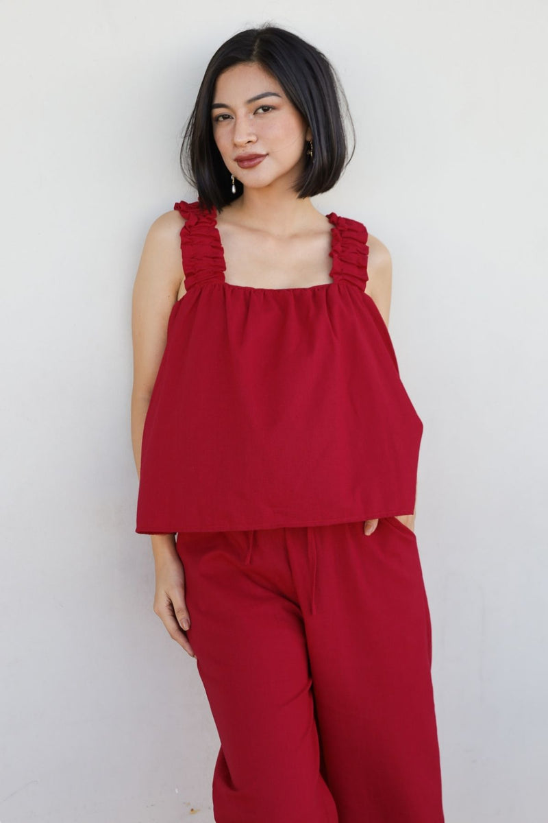 SHELBY Square-Neck Sleeveless Top & Pants Co-ord (Red)