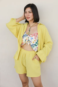 CADENCE Long-Sleeve Button-down Top & Shorts Co-ord (Lime Yellow)