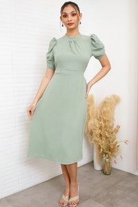 REIGN Puff-Sleeve Dobby Dot Midi Dress (Sage Green)