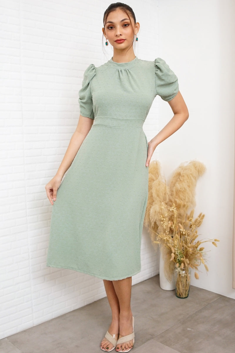 REIGN Puff-Sleeve Dobby Dot Midi Dress (Sage Green) – 1930 Clothing