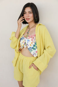 CADENCE Long-Sleeve Button-down Top & Shorts Co-ord (Lime Yellow)