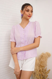 ALIVIA Buttoned Puff-Sleeve Eyelet Top (Lilac)