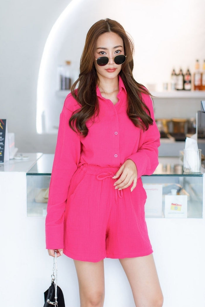 CADENCE Long-Sleeve Button-down Top & Shorts Co-ord (Magenta)