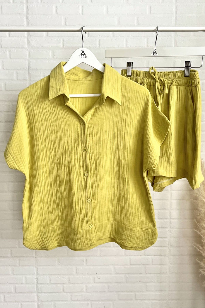 KYLIE Cotton Shirt & Shorts Co-ord (Lime Yellow)