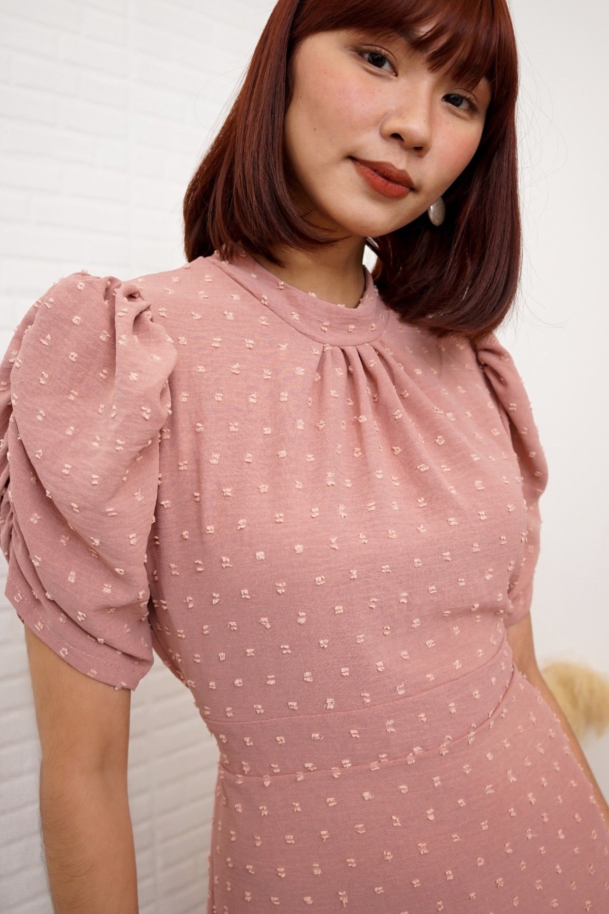 REIGN Puff-Sleeve Dobby Dot Midi Dress (Dusty Rose)