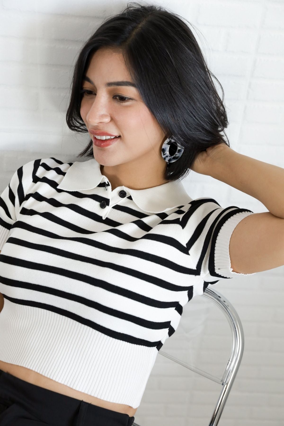 RUE Striped Knit Polo Shirt (White)