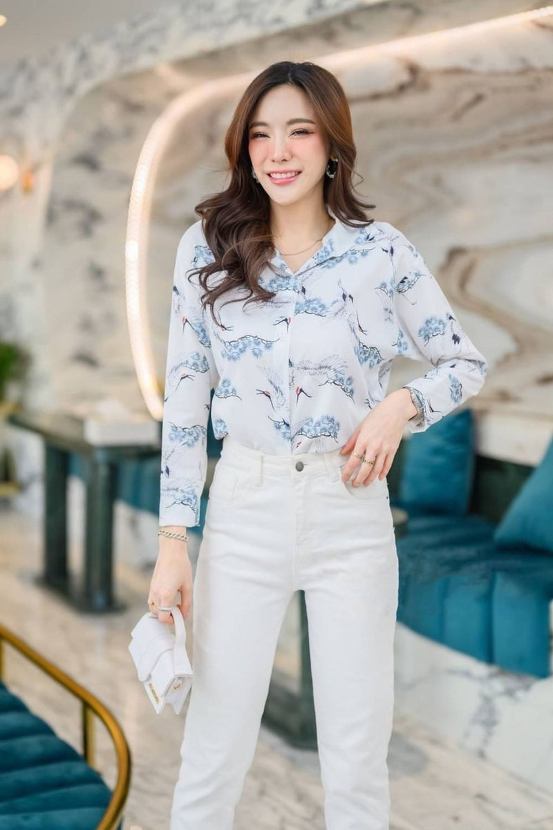 DANIELLE Bird-Print Button-down Shirt (White)