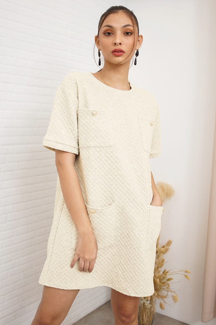 MCKENNA Diamond-Quilt Pocket Dress (Cream)