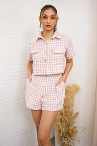 LEIGHTON Front-Pocket Tweed Blazer Top & Shorts Co-ord (Pink)