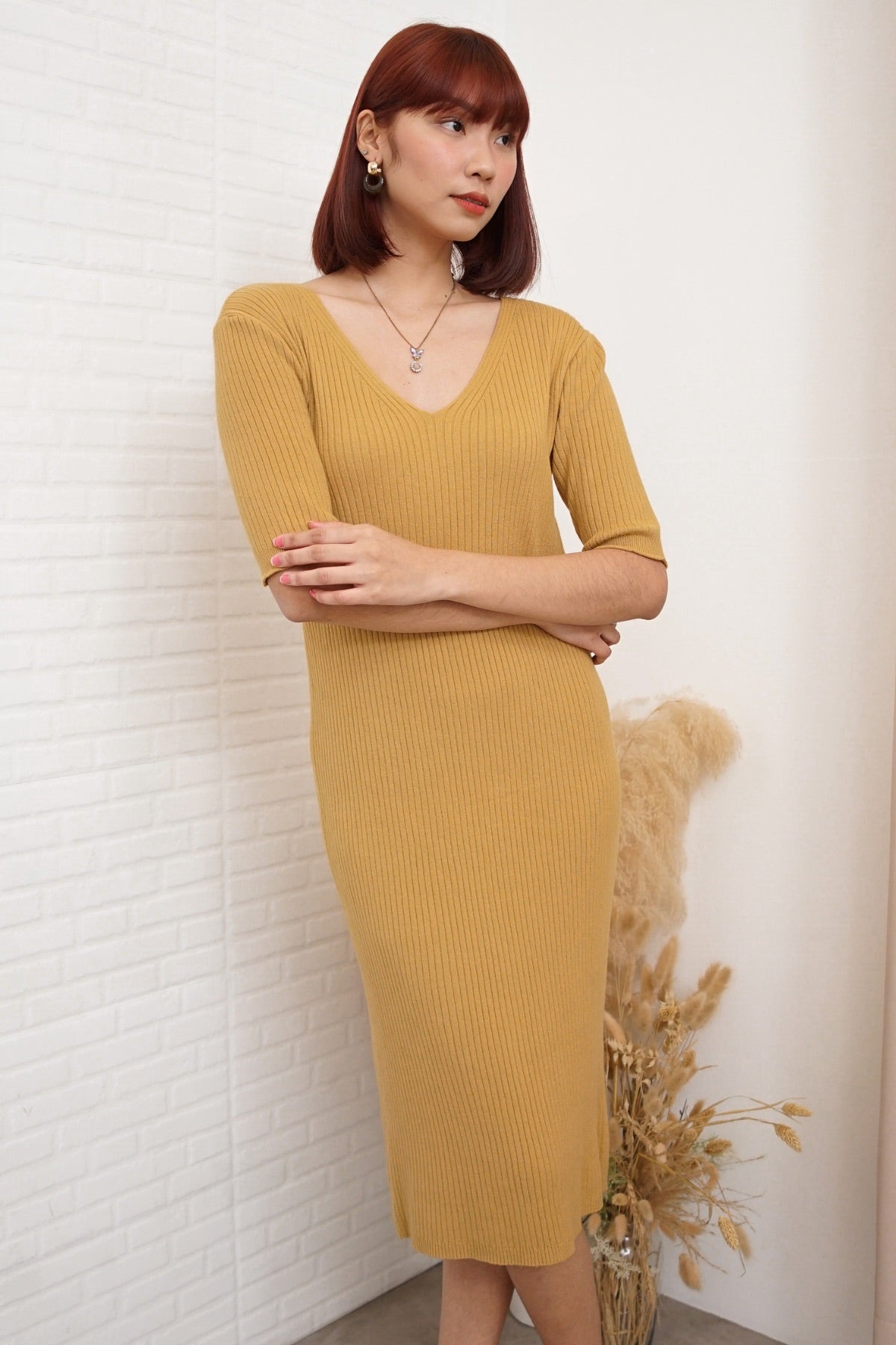 Mustard ribbed shop midi dress