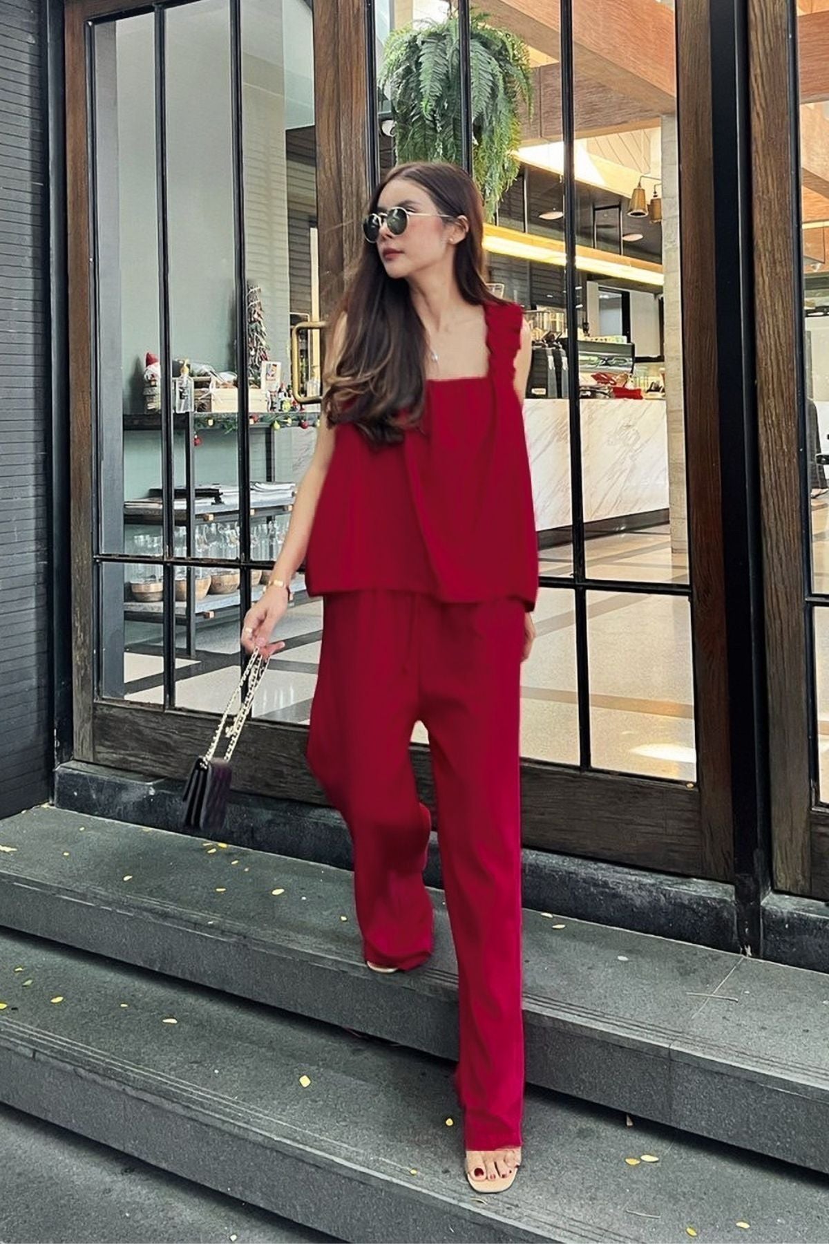 SHELBY Square-Neck Sleeveless Top & Pants Co-ord (Red)