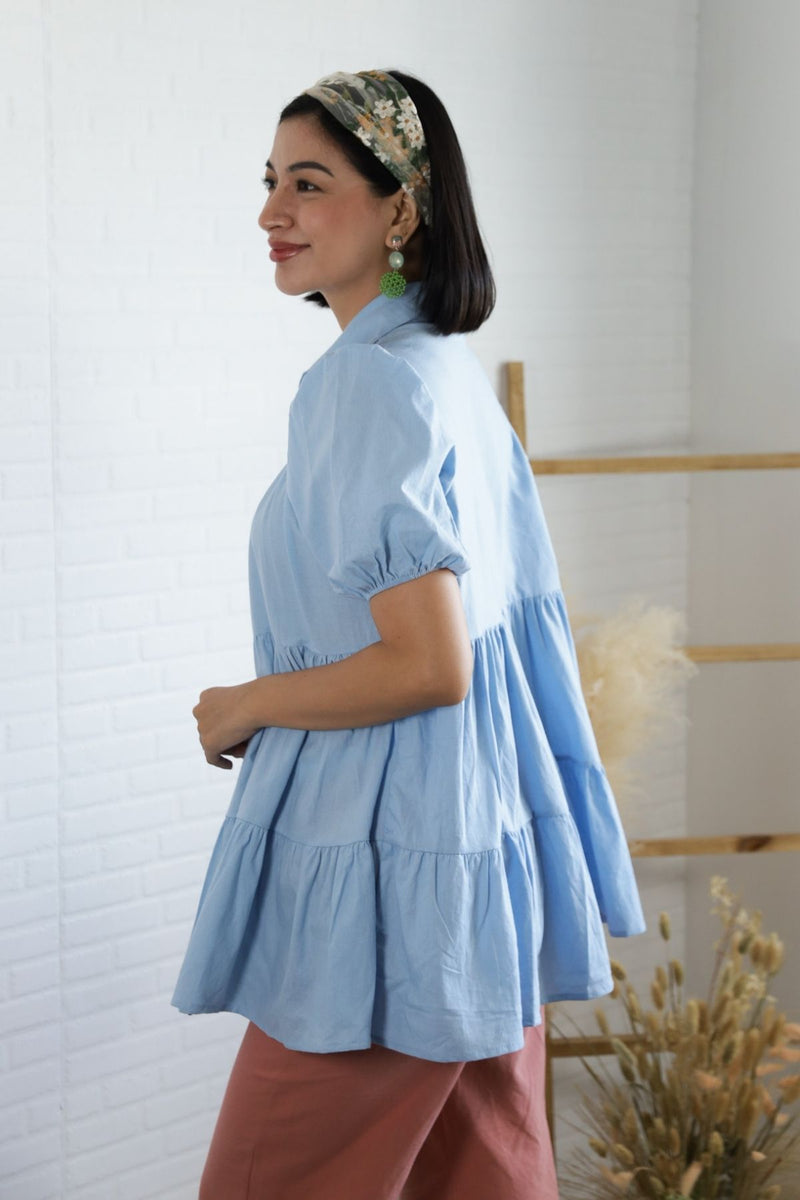JULES Button-down Tiered Mini Dress (Powder Blue)