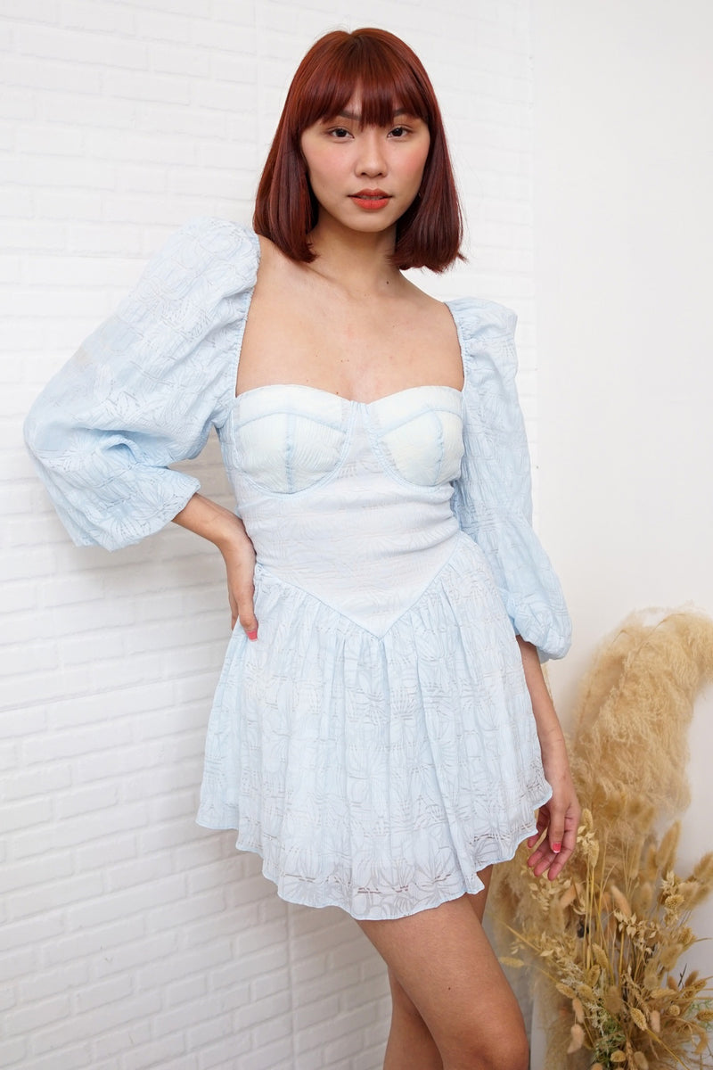 NYLA Puff-Sleeve Open-Back Bustier Mini Dress (Powder Blue)