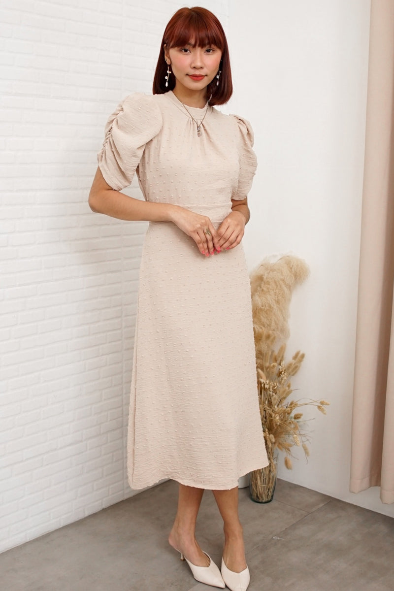 REIGN Puff-Sleeve Dobby Dot Midi Dress (Cream Beige)