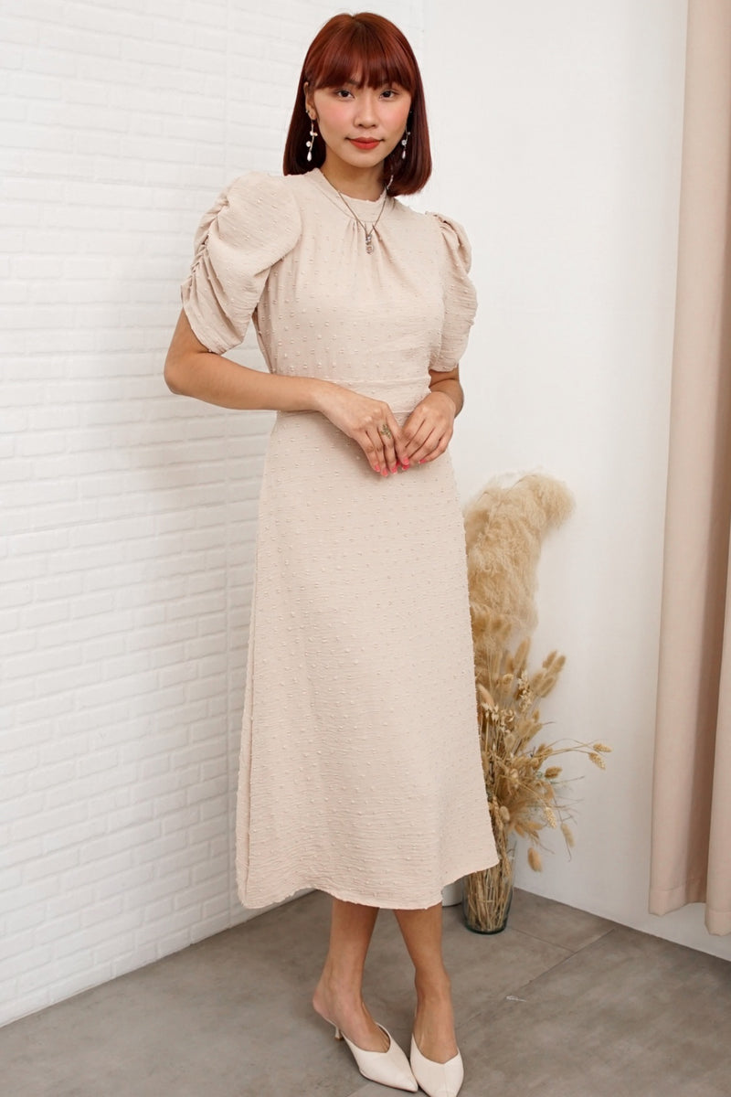 REIGN Puff-Sleeve Dobby Dot Midi Dress (Cream Beige) 1930 Clothing REIGN Puff-Sleeve Dobby Dot Midi Dress (Cream Beige) 1930 Clothing