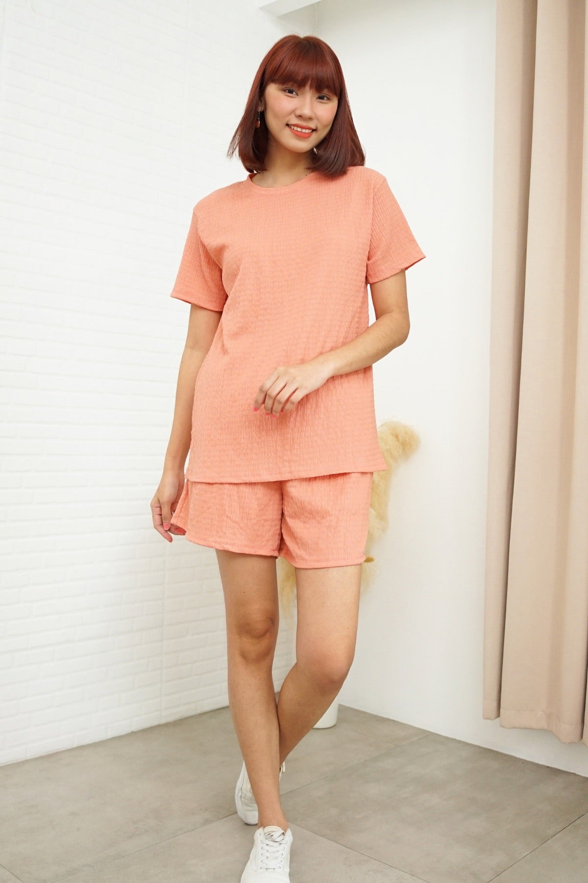ALESSIA Textured Crepe Top & Shorts Co-ord (Peach Terracotta)
