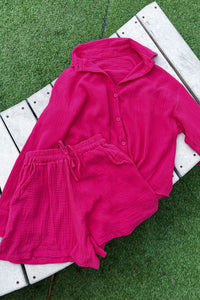 CADENCE Long-Sleeve Button-down Top & Shorts Co-ord (Magenta)
