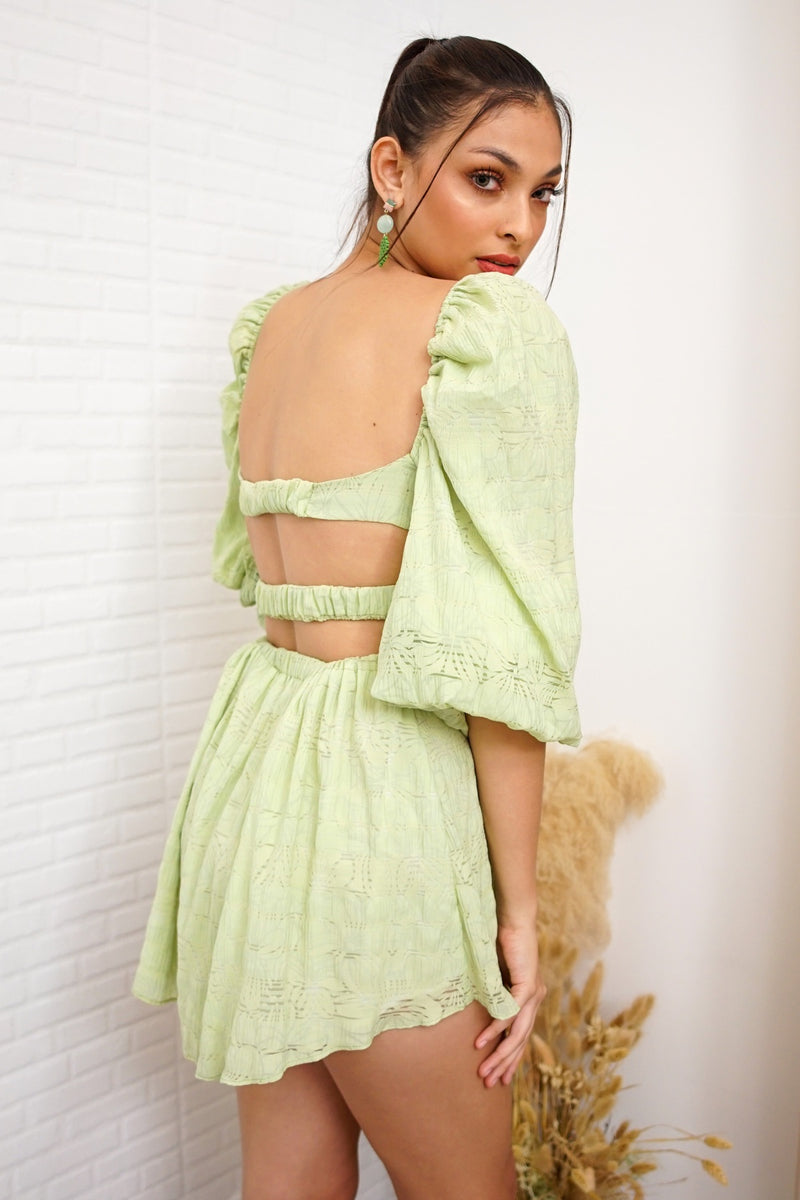 NYLA Puff-Sleeve Open-Back Bustier Mini Dress (Green Tea)