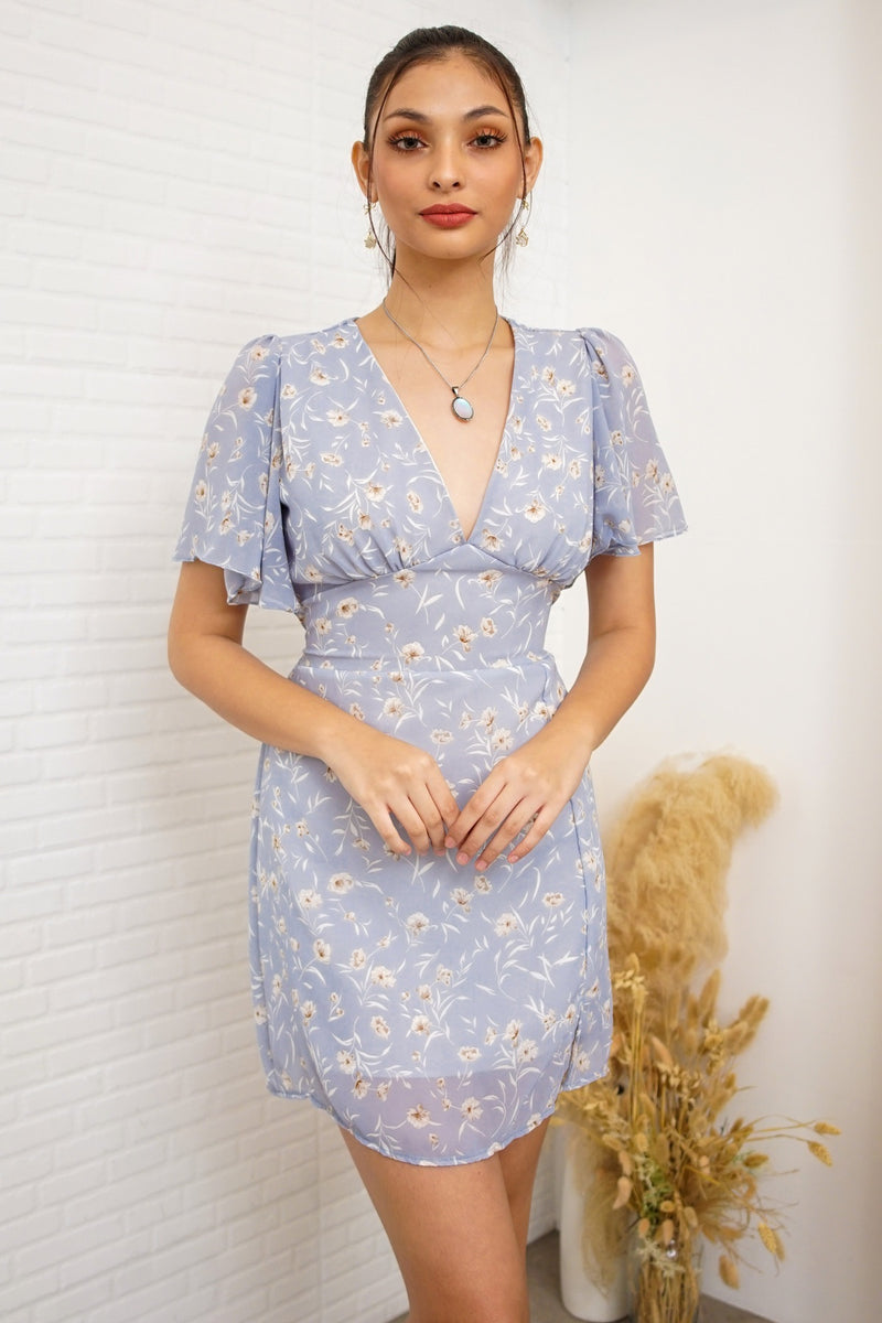 EVERLY Flutter-Sleeve Chiffon Dress (Powder Blue) 1930 Clothing EVERLY Flutter-Sleeve Chiffon Dress (Powder Blue) 1930 Clothing