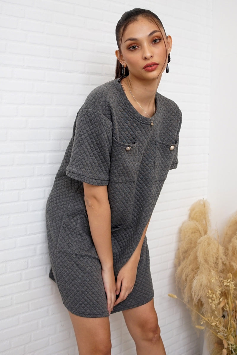 MCKENNA Diamond-Quilt Pocket Dress (Charcoal Gray)