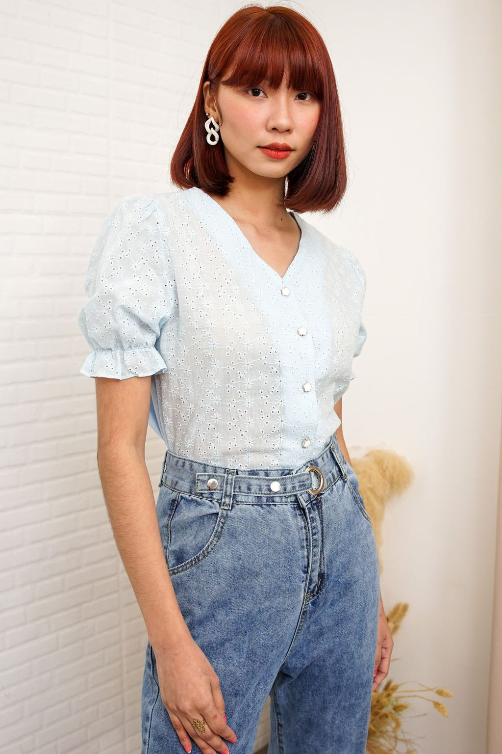 ALIVIA Buttoned Puff-Sleeve Eyelet Top (Powder Blue)