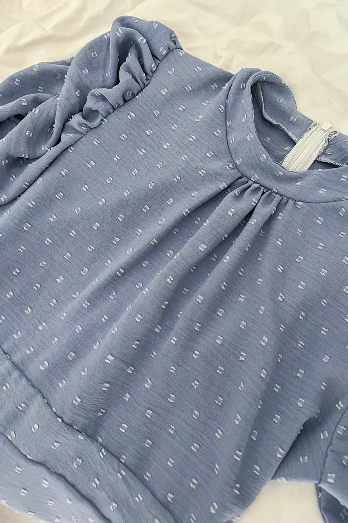 REIGN Puff-Sleeve Dobby Dot Midi Dress (Dusty Blue)