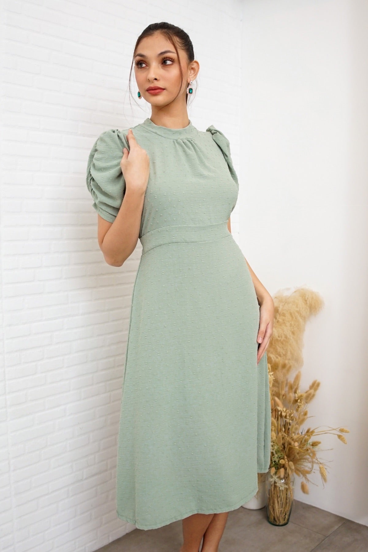 REIGN Puff-Sleeve Dobby Dot Midi Dress (Sage Green)