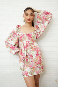 ARIELLA Puff-Sleeve Open-Back Floral Mini Dress