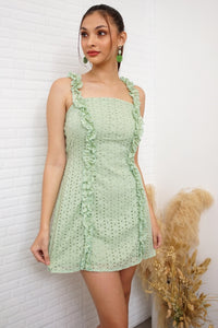 LAINEY Sleeveless Ruffled Eyelet Mini Dress (Sage Green)