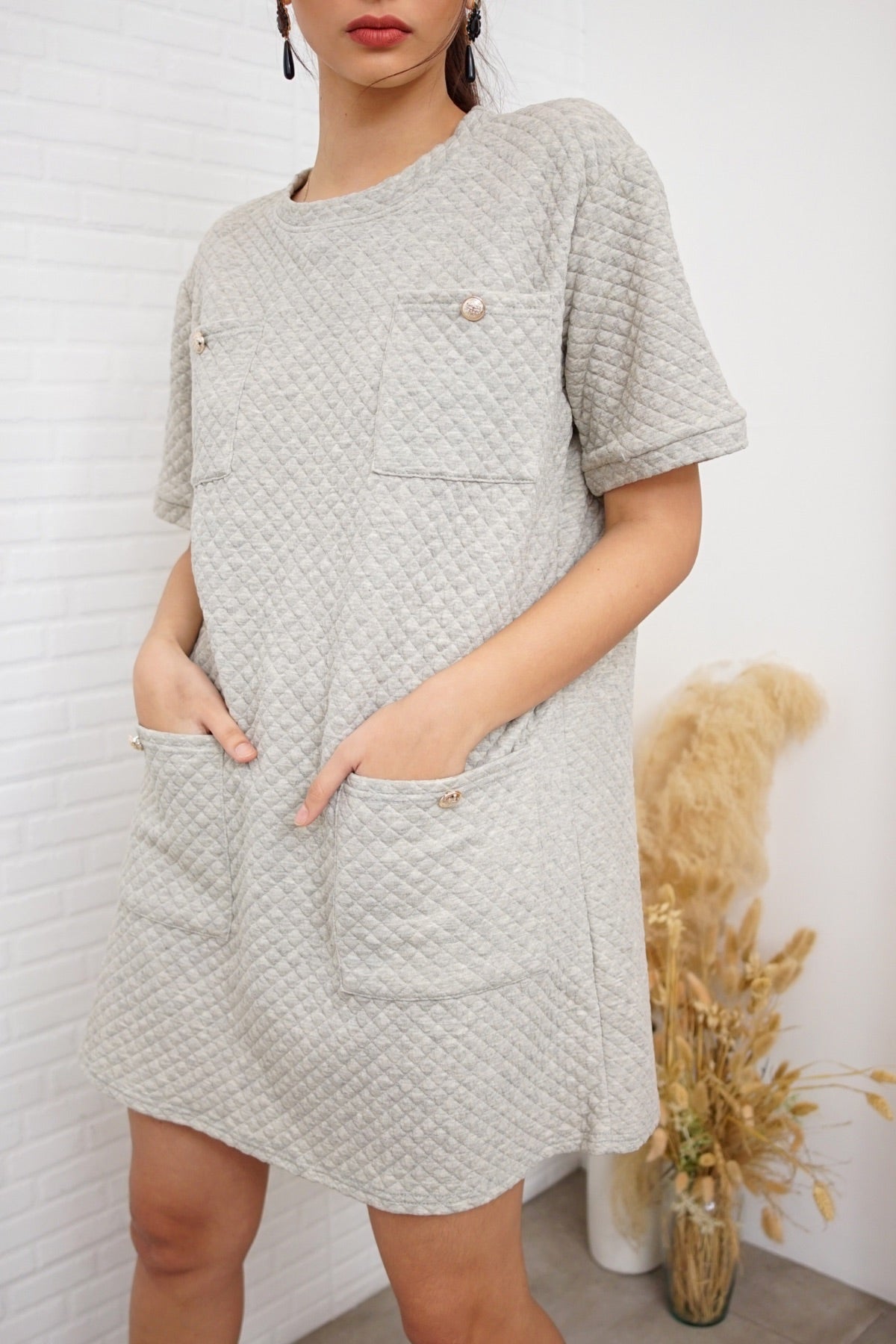 MCKENNA Diamond-Quilt Pocket Dress (Light Gray)