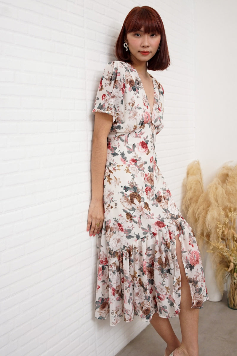 EVANGELINE Floral Chiffon Midi Dress 1930 Clothing EVANGELINE Floral Chiffon Midi Dress 1930 Clothing
