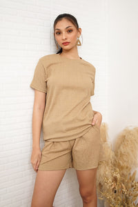 ALESSIA Textured Crepe Top & Shorts Co-ord (Nude Brown)