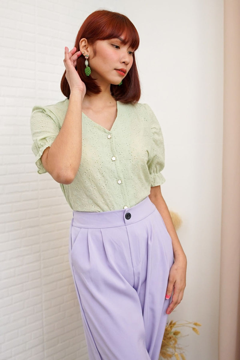 ALIVIA Buttoned Puff-Sleeve Eyelet Top (Sage Green)