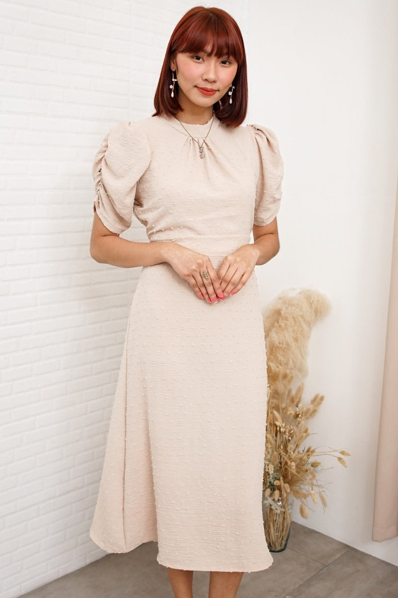 REIGN Puff-Sleeve Dobby Dot Midi Dress (Cream Beige) 1930 Clothing REIGN Puff-Sleeve Dobby Dot Midi Dress (Cream Beige) 1930 Clothing