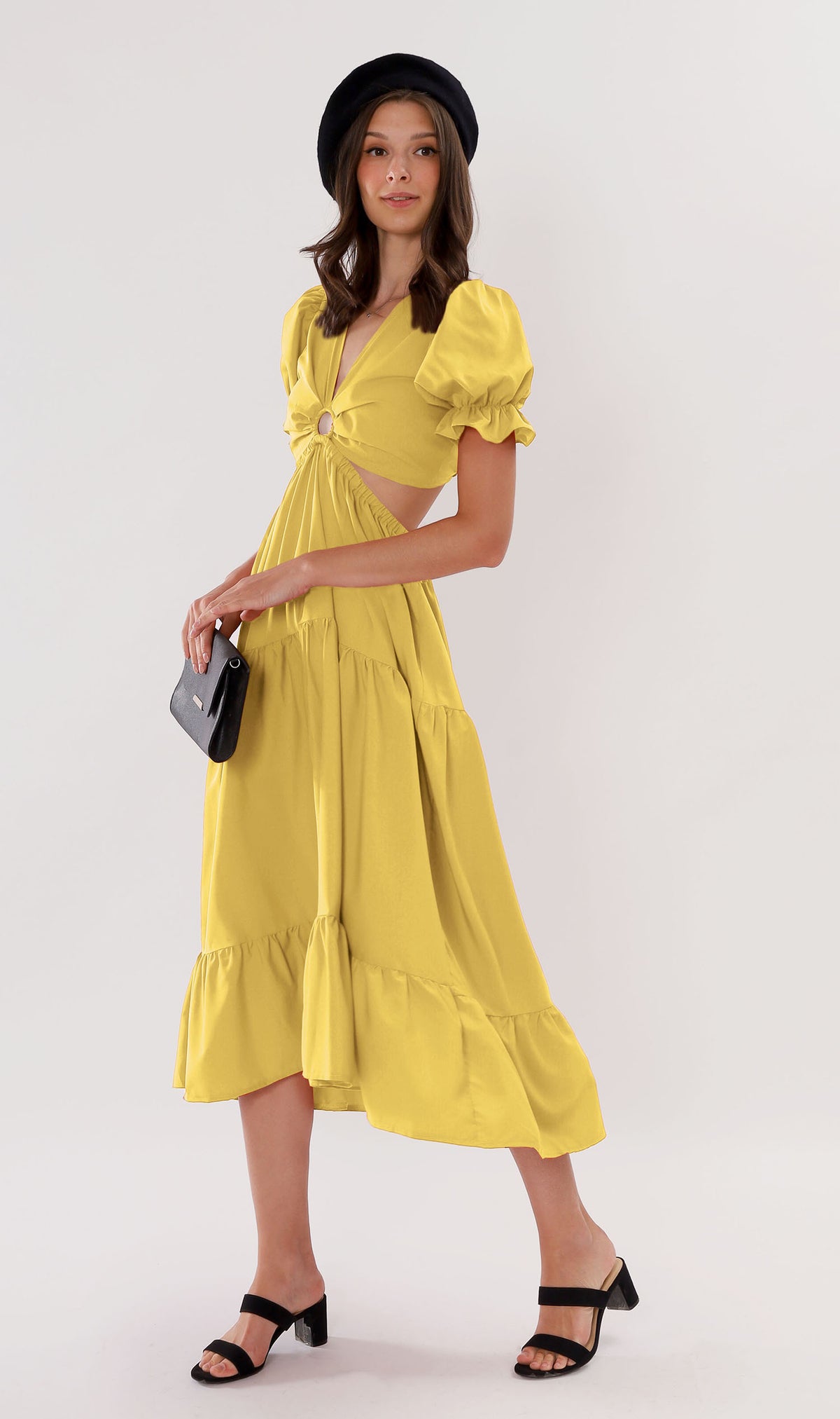 PHAYRE Cut-Out Puff-Sleeve Midi Dress (Yellow)