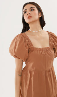 SOLANGE Linen Puff-Sleeve Dress (Cinnamon)