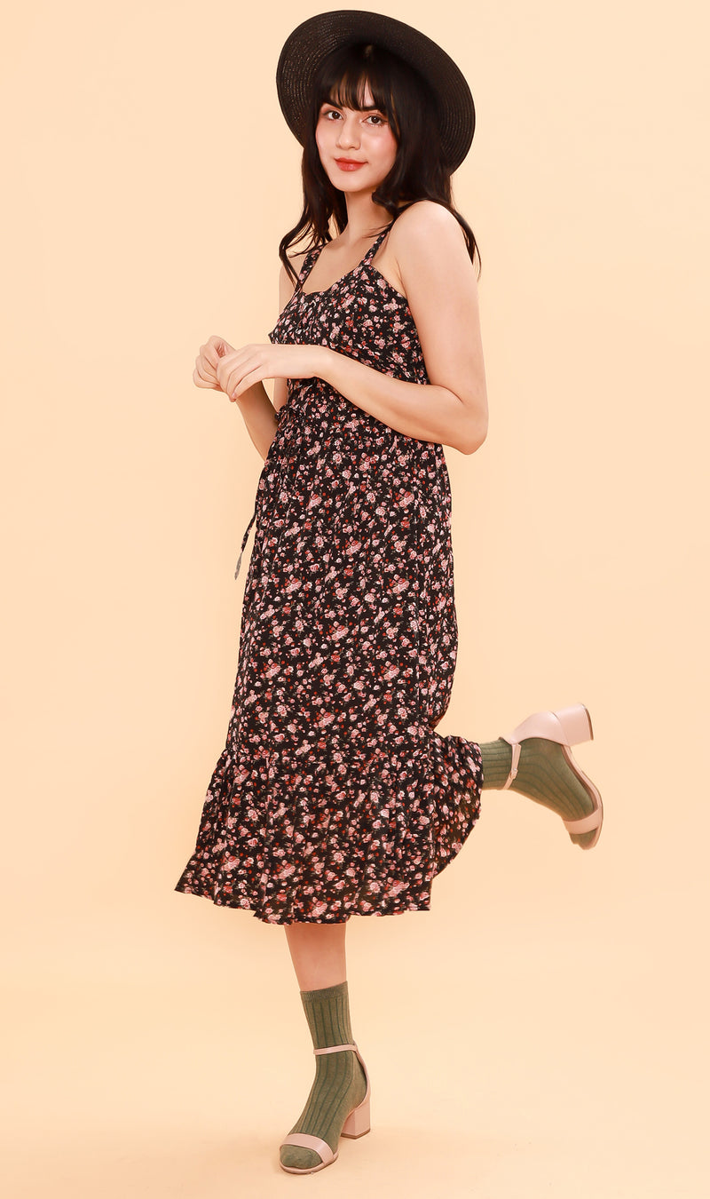 cressida midi dress CRESSIDA Floral Lace-Up Midi Dress (Black) – 1930 Clothing