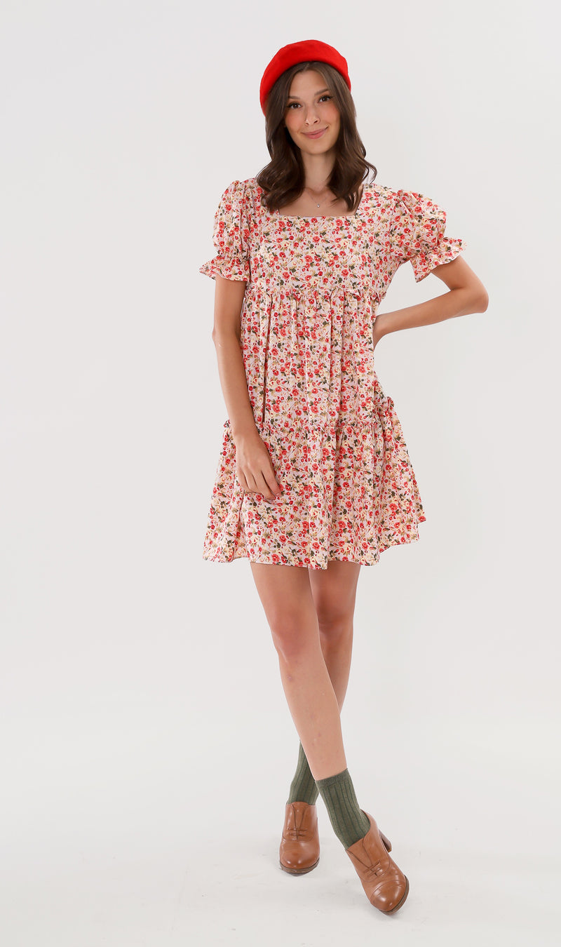 JADE Tiered Puff-Sleeve Dress (Pink)
