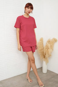 ALESSIA Textured Crepe Top & Shorts Co-ord (Dusty Red)