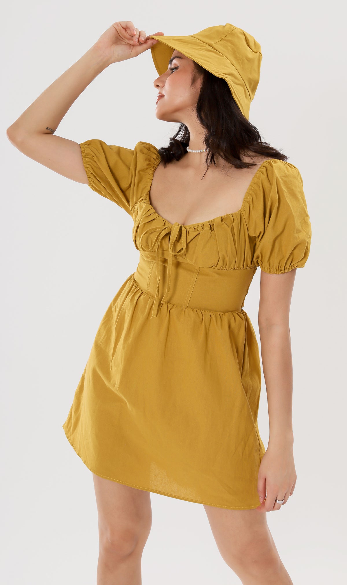 QUINCY Ruched Puff-Sleeve Dress w/ Hat (Mustard)