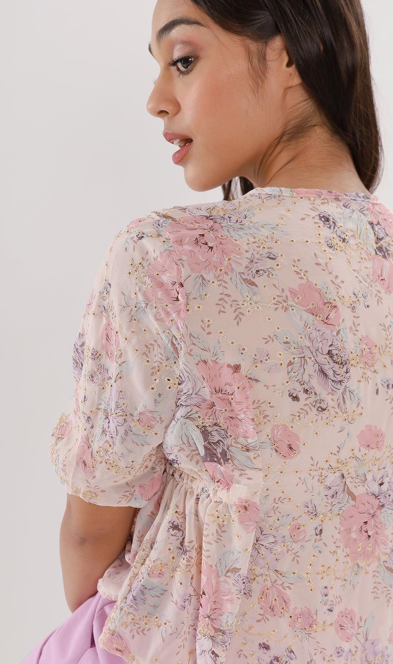 YNA Button-Down Embroidered Chiffon Top (Peach)